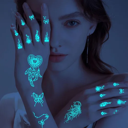 Miniatura 5 de Konsait 17 hojas de tatuajes que brillan en la oscuridad para mujeres y niñas, tatuajes de luz negra, tatuaje luminoso de mano, flores de mariposa