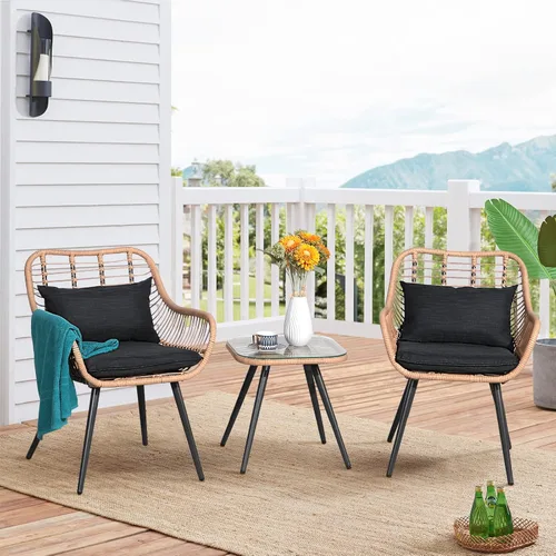 JOIVI Juego de 3 piezas para patio, juegos de mimbre para exteriores, para porche, patio trasero con mesa de centro cuadrada de cristal, cojines y