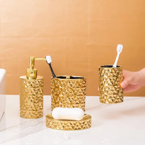 Miniatura 7 de Juego de accesorios de baño dorados de 4 piezas de cerámica para apartamentos, incluye dispensador de jabón, soporte para cepillos de dientes, taza