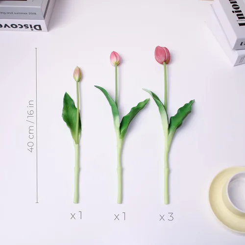 Miniatura 2 de Tulipanes falsos de tacto real premium de 16 pulgadas, flores artificiales con brotes, tallo flexible fácil de moldear, tulipanes falsos