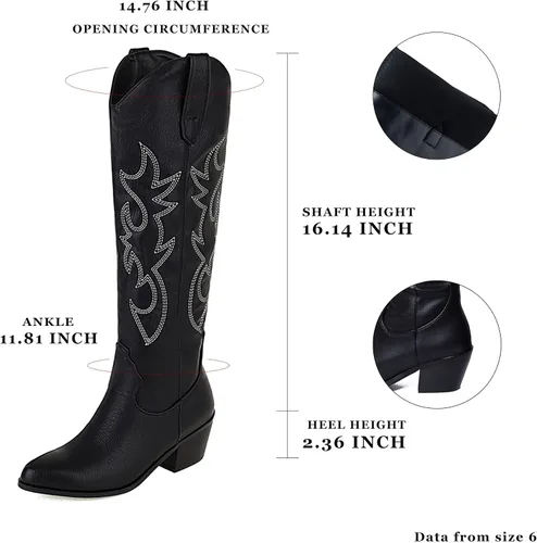 Miniatura 6 de MeiLuSi Botas vaqueras para mujer, hasta la rodilla, botas vaqueras con punta puntiaguda, tacón grueso, zapatos de gamuza con bordado