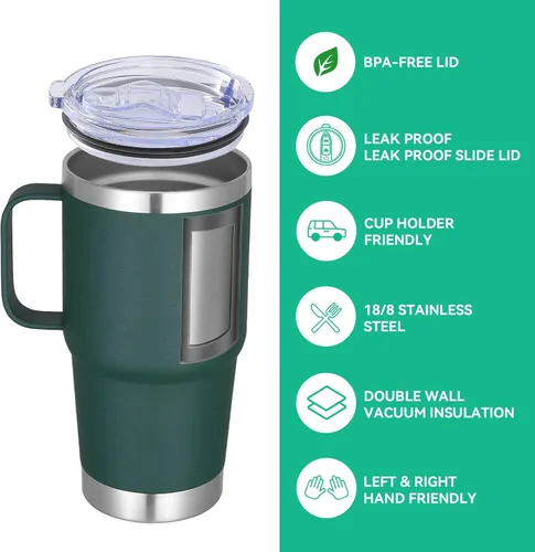 Miniatura 2 de VEGOND Vaso de 20 onzas con tapa con asa y pajilla, taza de café de viaje aislada de acero inoxidable a prueba de derrames, vaso de metal de doble