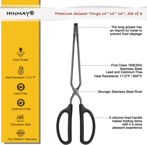 Miniatura 2 de HINMAY Juego de 3 pinzas de cocina de acero inoxidable de 10, 12 y 16 pulgadas, antideslizantes, agarre cómodo, pinzas de tijera para cocinar, asar