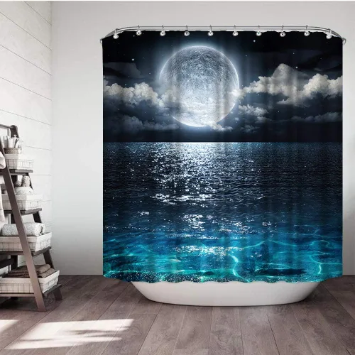 Cortina de ducha de tela impermeable con luna llena sobre paisaje oceánico, para decoración de baño, juego con ganchos, 72 x 72 pulgadas