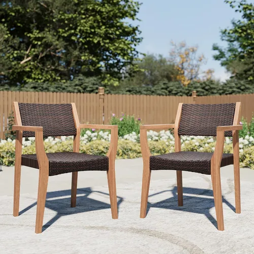 PHI VILLA Juego de sillas de madera de acacia para exteriores de 2 piezas, sillas de comedor resistentes con respaldo y asiento de mimbre, muebles