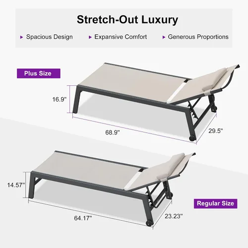 Miniatura 2 de PURPLE LEAF Juego de sillas de lounge al aire libre de gran tamaño de 3 piezas para patio, tumbona para piscina, estructura de aluminio con mesa