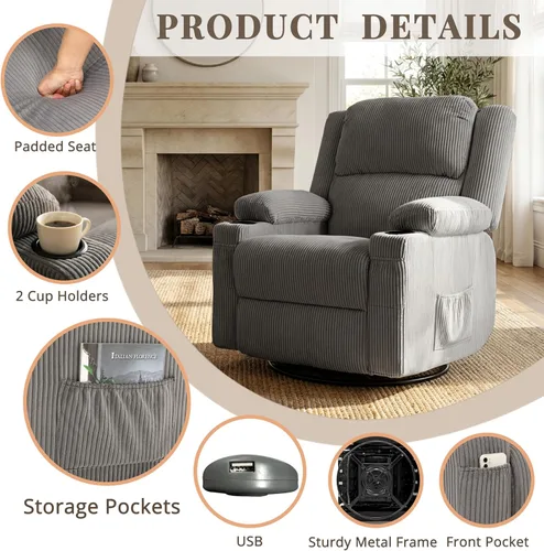 Miniatura 7 de Silla reclinable giratoria de 360 grados con calor y masaje, planeador reclinable manual de pana suave con puerto USB, 2 portavasos y 4 bolsillos