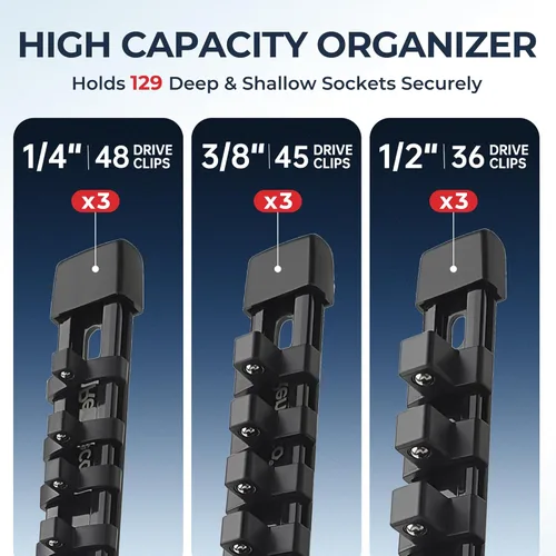 Miniatura 2 de Reniteco Organizador de Enchufes ABS para Herramientas - Porta Enchufes Negro de Calidad Premium, Kit de 9 Piezas con 1/4 Pulgadas x 48 Clips, 3/8