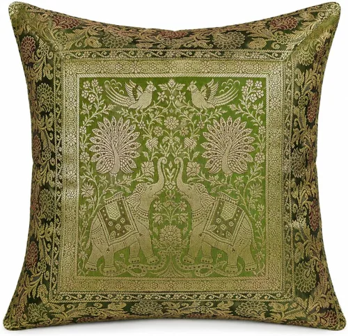 Funda de cojín decorativa de seda con estampado de elefante étnico indio bordado a mano (elefante verde, 16 x 16 pulgadas)