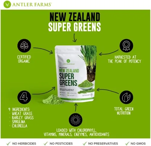 Miniatura 5 de Antler Farms - Polvo 100% puro orgánico de Nueva Zelanda Super Greens, 40 porciones, 7.05 oz - Hierba de trigo, cebada, clorella, espirulina