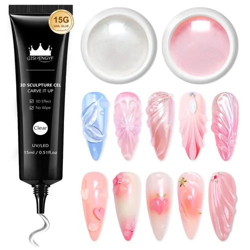 Miniatura 14 de Kit de gel de uñas 3D y polvo de uñas cromado BISHENGYF: 0.53 oz No Wipe Gel de Escultura 3D Aurora Rosa Azul Oro Cromo Polvo de uñas con pegamento