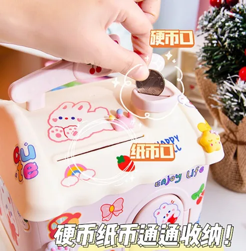 Miniatura 2 de Alcancía Kawaii con calcomanías y parches, banco de dinero Kawaii para papel y monedas, bonita caja de almacenamiento de artículos para la escuela
