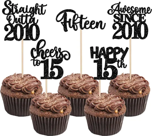 Miniatura 22 de Paquete de 30 adornos para cupcakes de 10º cumpleaños con purpurina recta hacia fuera de 2016, Happy 10th Ten Awesome Since 2016, 10 fabulosas