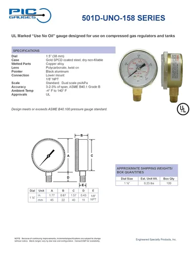Miniatura 6 de PIC Gauges 501D-UNO-158C-C 0-30 PSI, UL reconocido, No usar medidor de presión de aceite, 1 1/2 dial, 1/8 macho NPT, Montaje inferior, Escala doble