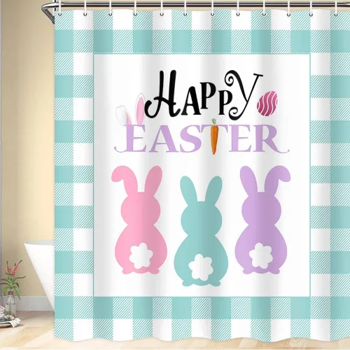 Miniatura 2 de Boziqr Cortina de ducha de Pascua para baño, lindo conejo, conejo, búfalo, cuadros cuadrados, cortinas de baño, tela verde azulado, accesorios