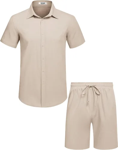Miniatura 20 de COOFANDY Conjunto de 2 piezas de algodón y lino para hombre, camisas de manga corta con botones, pantalones cortos de playa de verano, trajes