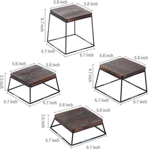 Miniatura 5 de MyGift Juego de exhibición de mesa de postre, 4 elevadores de alimentos, elevadores de bufé de madera marrón, soporte para pizza con base de alambre