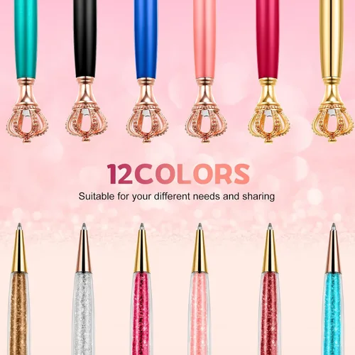 Miniatura 4 de CHENGU 12 bolígrafos con corona de diamantes de cristal, diamantes de imitación de metal con diamantes de imitación de tinta de escritura multicolor
