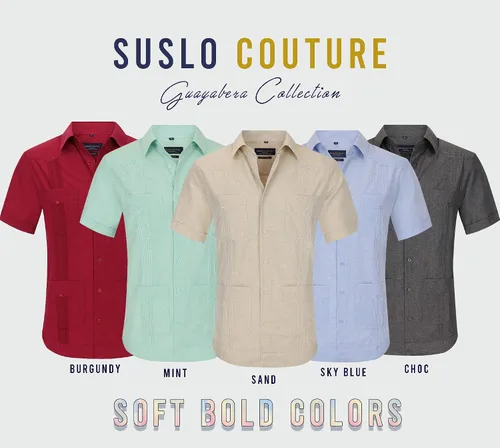 Miniatura 4 de Suslo Couture Guayabera de manga corta para hombre con botones de lino
