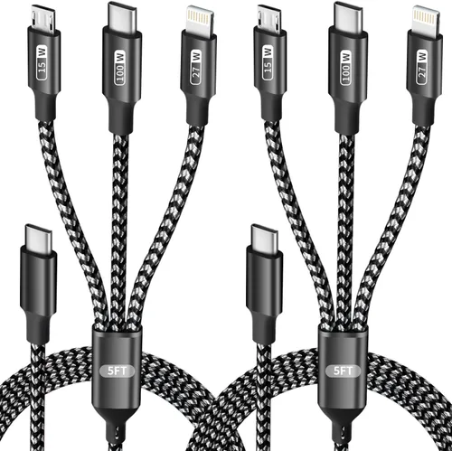 Miniatura 7 de Paquete de 2 cables de carga múltiple dual tipo C 4 en 1 de 6 pies para múltiples dispositivos con 2 puertos USB-C/IP/micro, cable USB de carga