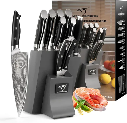 Miniatura 5 de NANFANG BROTHERS Juego de cuchillos de cocina de Damasco con bloque, 9 piezas, mango ergonómico ABS, afilador de cuchillos, tijeras de cocina Negro