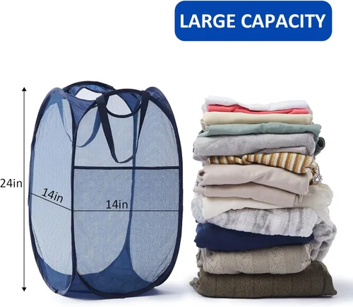 Miniatura 4 de TECHMILLY Cesta de Lavandería Plegable de Malla Pop Up con Asas Resistentes y Bolsillo Lateral - Cestas de Ropa Portátiles y Plegables para Azul