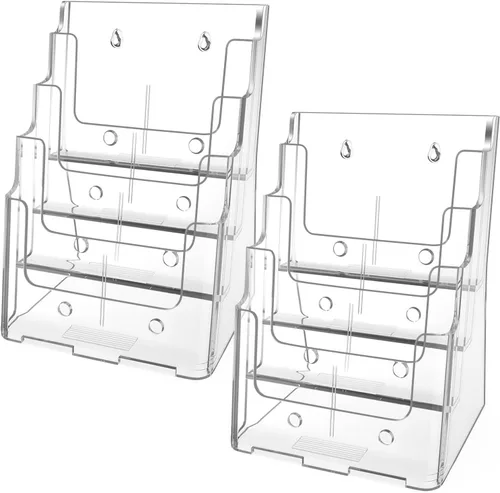 MaxGear Soporte acrílico para folletos de 8.5 x 11 pulgadas, organizador de literatura transparente de 4 niveles, soporte para revistas, con divisor