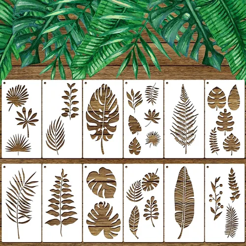 Miniatura 4 de 12 plantillas de pintura de hojas de helecho tropical, plantillas grandes reutilizables de hoja de tortuga de palma, plantillas de pared flexibles