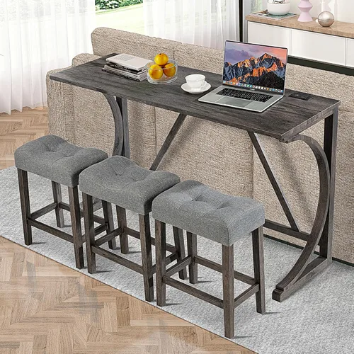Miniatura 15 de Juego de mesa de comedor para 2, juego de mesa de comedor de 3 piezas de altura de mostrador con puerto USB y taburetes tapizados, color espresso