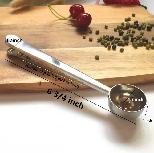 Miniatura 2 de Paquete de 4 pinzas para café, cuchara medidora de café de mango largo de 6 3/4 pulgadas, cuchara medidora de café de 0.5 fl oz con clip para bolsa