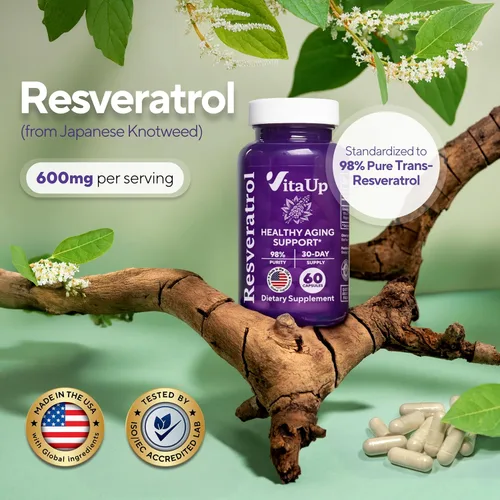 Miniatura 2 de VitaUp Suplemento de trans-resveratrol – 98% pureza en cápsulas de resveratrol fabricadas en Estados Unidos 600 mg – estandarizado al 98%