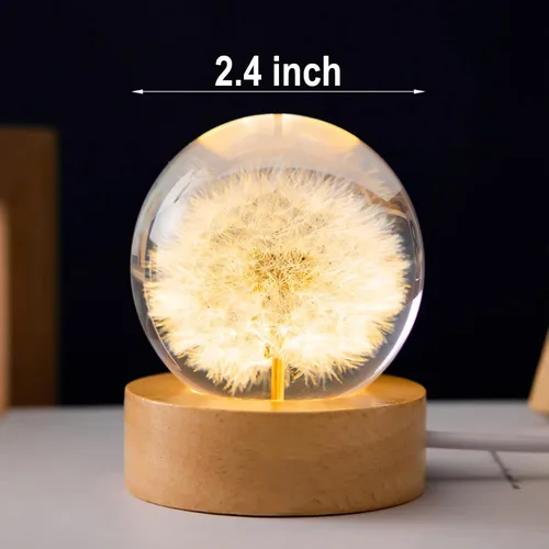 Miniatura 3 de Luz nocturna de bola de cristal de flores, lámpara de noche de bola de vidrio de 2.4 pulgadas con base de madera (diente de león)
