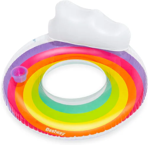 Miniatura 5 de Bestway Anillo de natación grande Flotador inflable de piscina de 42 pulgadas con reposacabezas y soporte para tazas, diseño de arcoíris