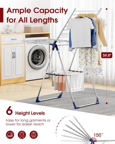 Miniatura 2 de Sakugi Tendedero de ropa con alas ajustables en altura, soporte plegable de metal para secadora de ropa y ropa de cama, plegable independiente