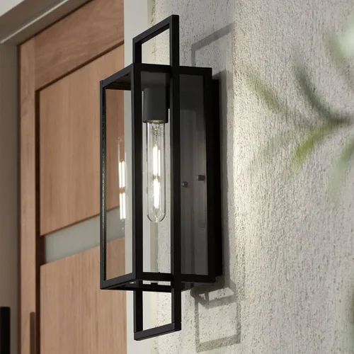 Possini Euro Design Jericho - Lámpara de pared industrial moderna para exteriores, metal negro texturizado, panel de vidrio transparente de 19