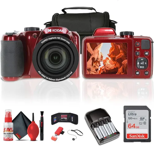 Kodak Pixpro AZ405 Cámara digital (AZ405RD) El paquete incluye: tarjeta de memoria de 64 GB, baterías recargables, funda, correa para el cuello,