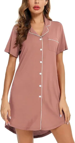 Miniatura 49 de Samring Camisón de pijama para mujer, manga corta/larga, con botones, camisón para dormir, camisón para novio, talla XXL
