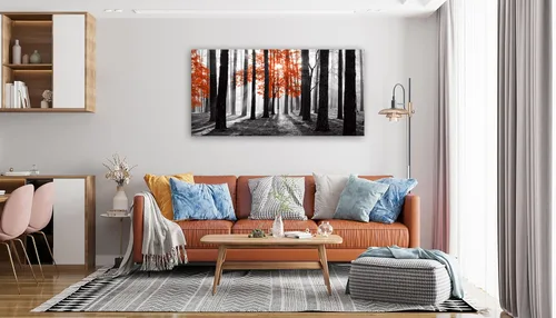 Miniatura 6 de Cao Gen Decor Art S06675 - Lienzo decorativo para pared, diseño de árbol rojo en blanco y negro, sol bosque brumoso, imagen póster impresión