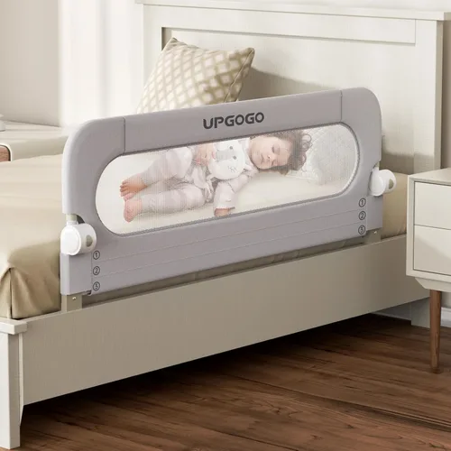 Miniatura 12 de UPGOGO Barandilla plegable para cama de niños, barandilla de cama para bebé con sistema de seguridad de anclaje reforzado, se adapta a literas