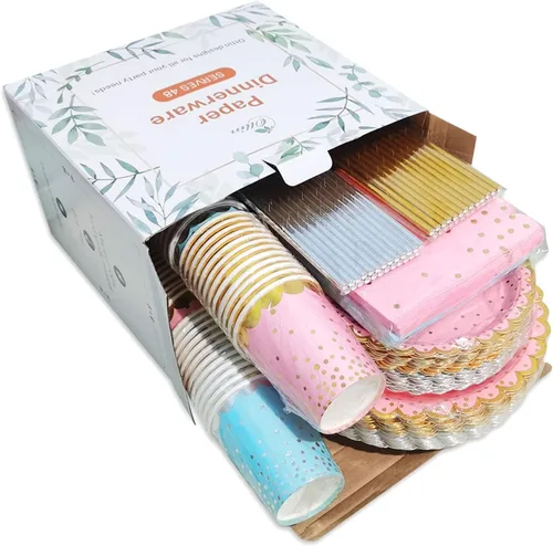 Miniatura 7 de Ottin Juego de 240 platos y servilletas de papel desechables rosa y azul, platos llanos de 9 pulgadas y platos de postre de 7 pulgadas, suministros