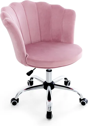 Giantex Silla de oficina en casa de terciopelo, moderna y bonita silla de escritorio tapizada con ruedas, silla giratoria ajustable, cómoda silla de