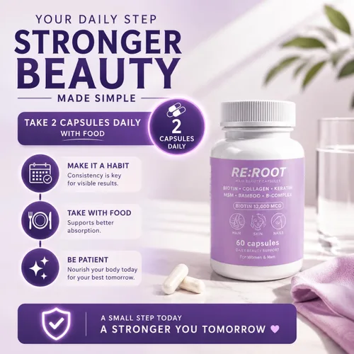 Miniatura 2 de RE:ROOT Cápsulas de belleza capilar – Biotina 12,000 mcg, colágeno, queratina, MSM, bambú – para cabello, piel y uñas – 60 cápsulas veganas
