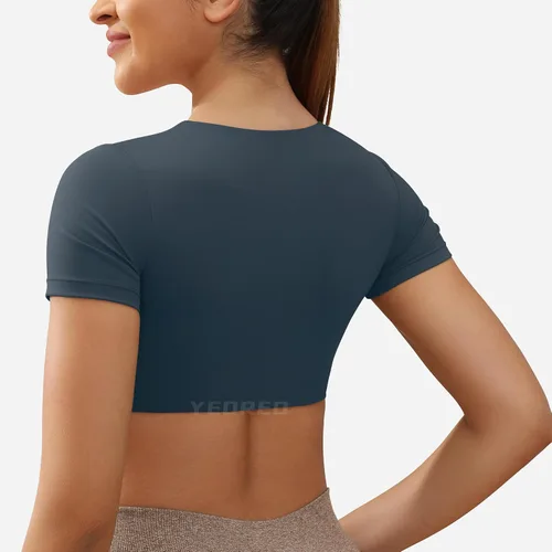 Miniatura 5 de YEOREO Kyla Workout Crop Tops for Women Short Sleeve Twist Front Crop Tank Top Padded Sports Bra Casual Shirts