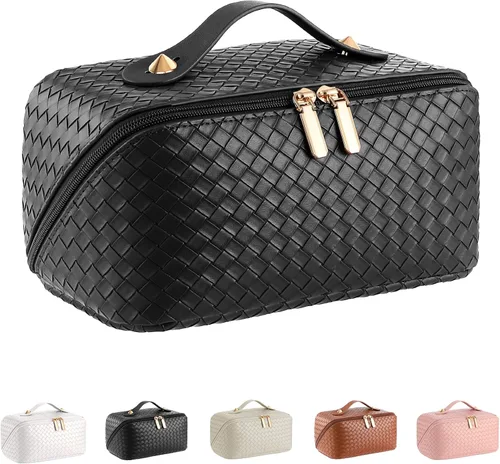 Miniatura 14 de Bolsa de cosméticos de viaje de gran capacidad - Bolsas de maquillaje portátiles para mujeres, impermeable, de cuero PU a cuadros, con organizador
