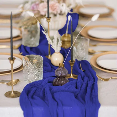 Miniatura 3 de FANPROMS Camino de mesa de gasa estilo cheesecloth azul rústico de 10 pies, tela de gasa para mesas de granja, ropa de mesa para mesas bohemias