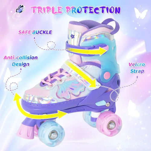 Miniatura 10 de MammyGol Patines de ruedas para niños y niñas, patines ajustables para niños con hermosas mariposas, principiantes de 3 a 16 años de edad, patines