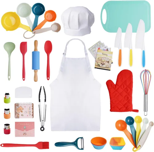 Miniatura 4 de Juego de cocina para niños, utensilios de cocina reales con guía de herramientas de cocina para niños con delantal de chef sombrero y accesorios
