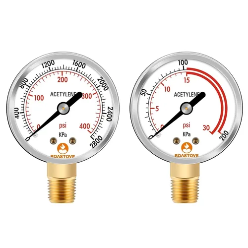 Manómetros de baja y alta presión para regulador de acetileno 0-30 psi y 0-400psi - 2.5 pulgadas - 1/4" NPT rosca