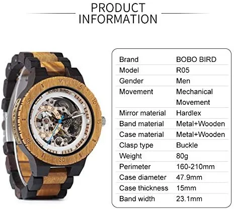 Miniatura 7 de BOBO BIRD Reloj mecánico automático de madera para hombre, personalizable, reloj de pulsera de madera de lujo para hombre