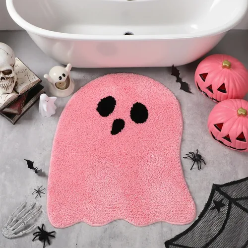 Nuanchu Alfombra de baño con forma de fantasma rosa, bonita alfombra de baño de Halloween, alfombra de ducha estética de microfibra para Halloween,